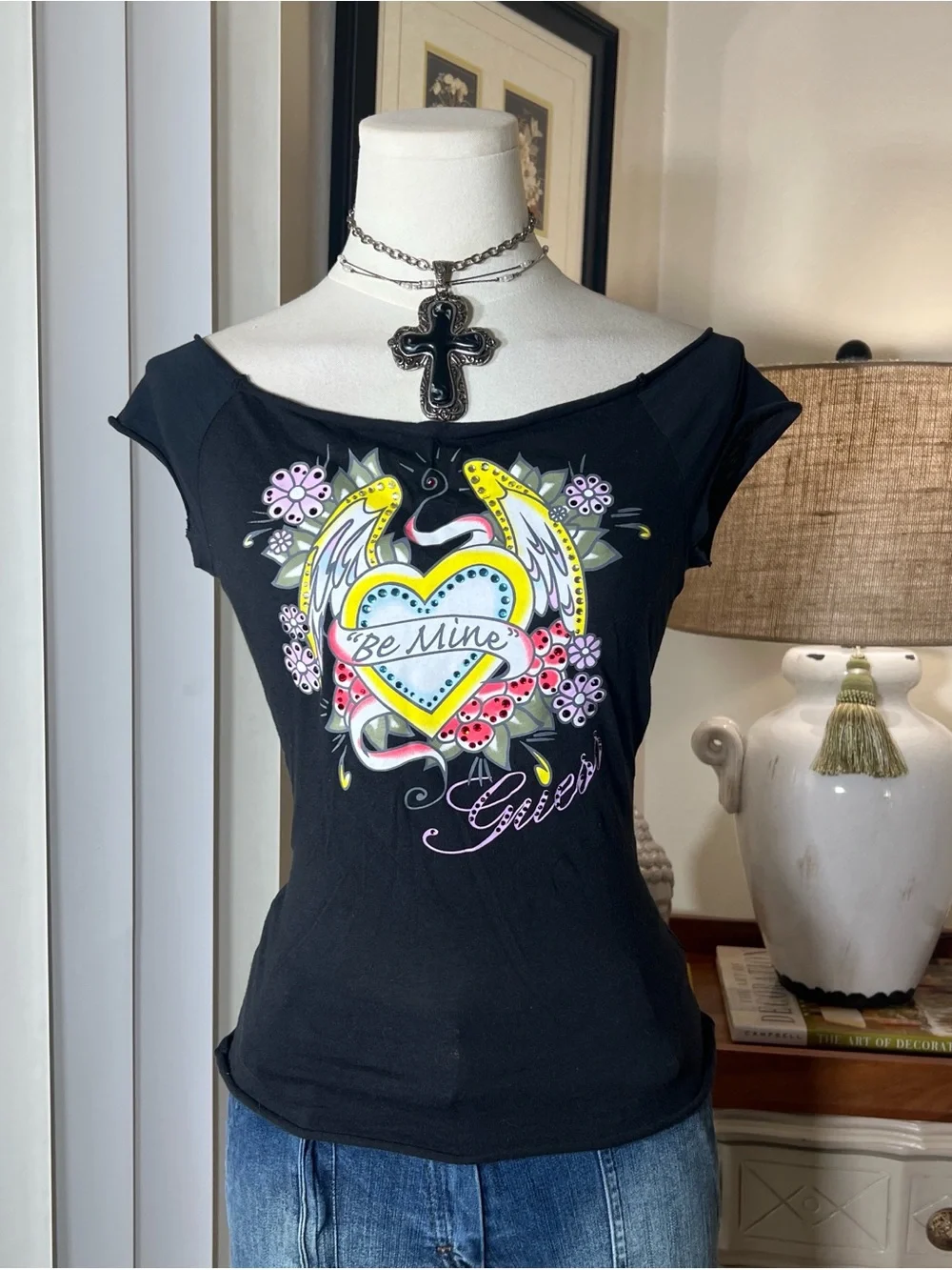 Guess Black Short Sleeve 'Be Mine' Heart Graphic Tee